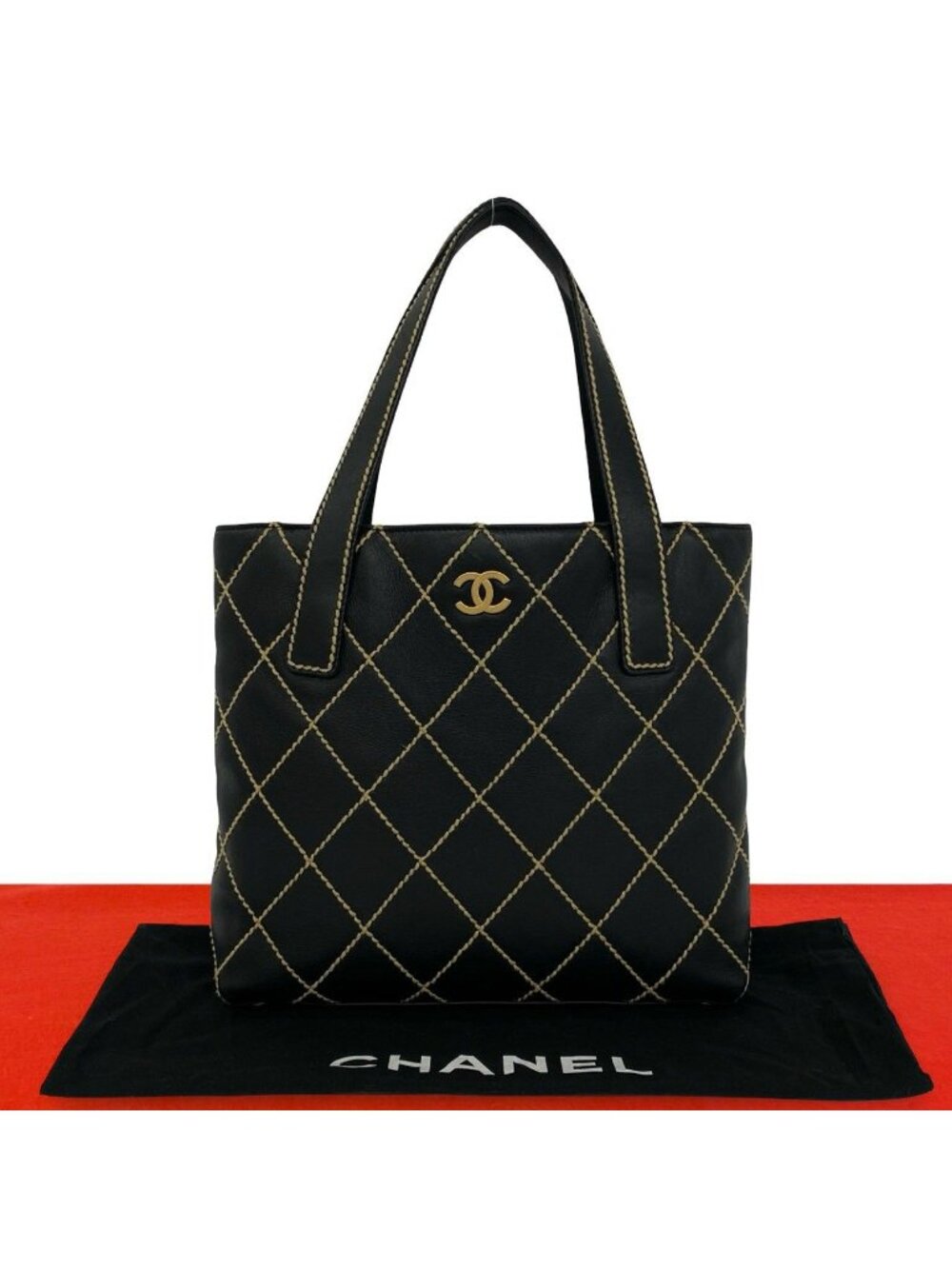 Chanel Wild Stitch CC Logo Leather Tote Shoulder Bag Black
